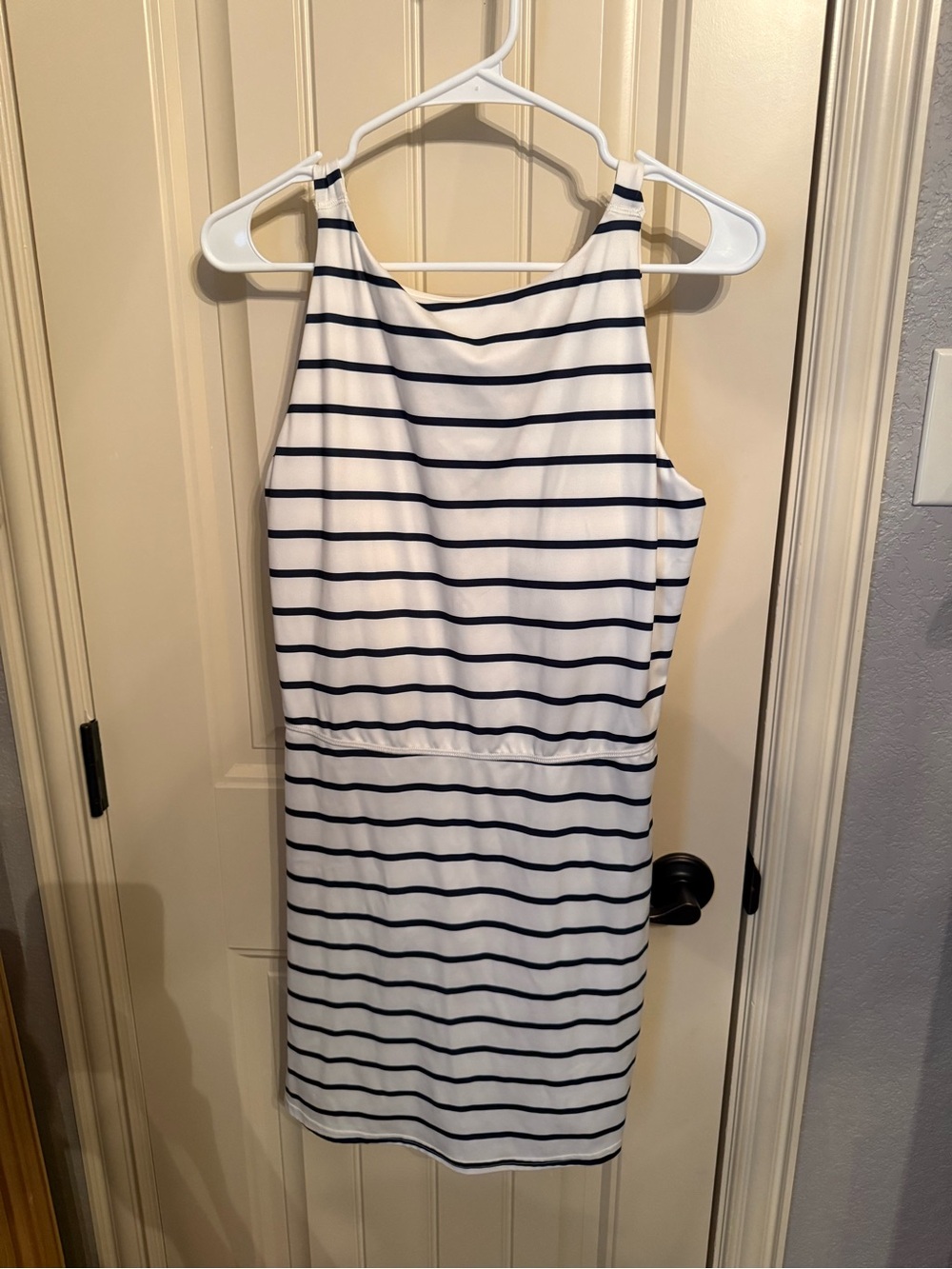 all in motion White and Navy Striped Midi Dress
